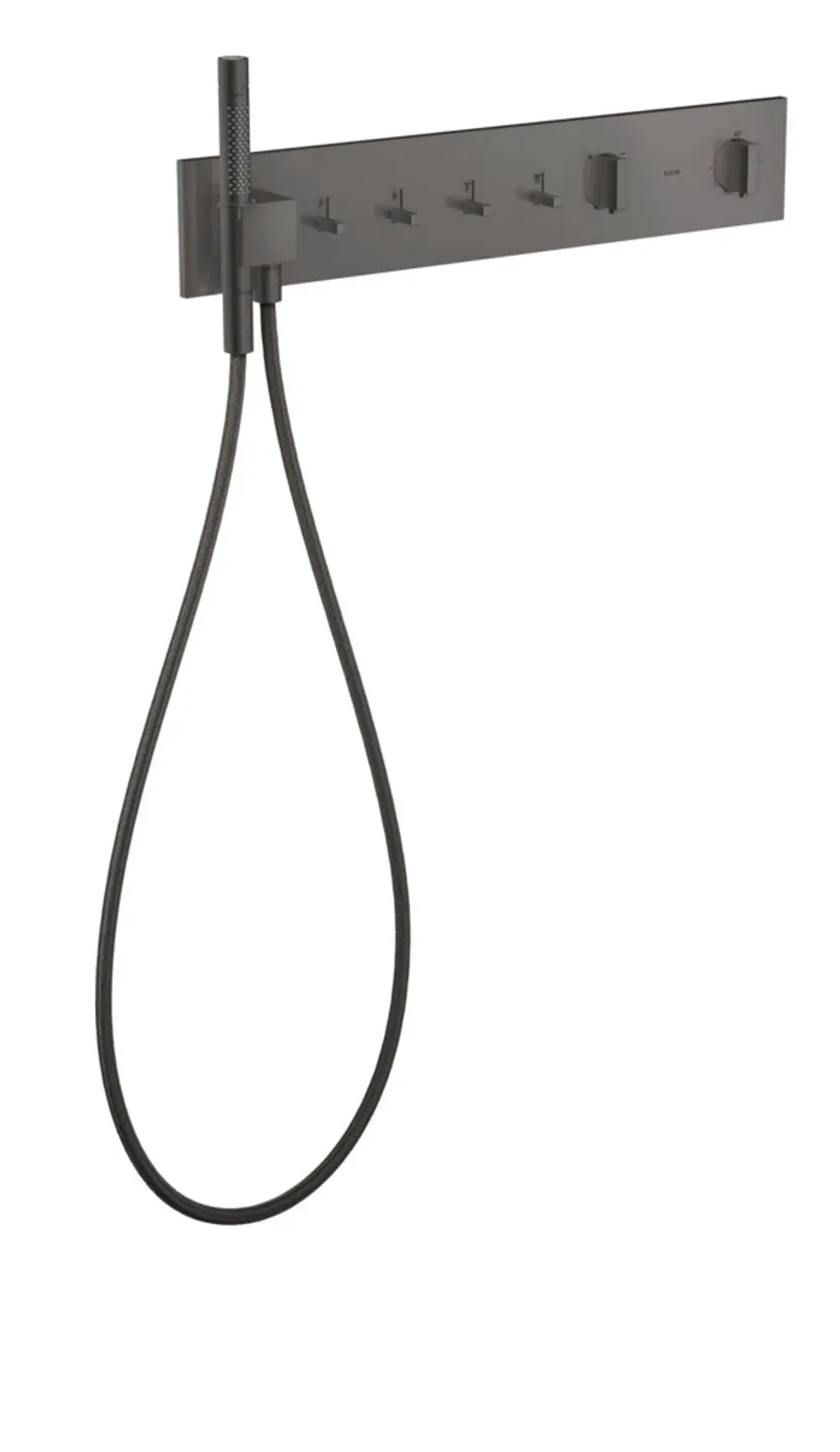 Schwarzes Thermostatmodul von AXOR mit Wähl- und Temperaturreglern. Montiert an einer Wand, bietet Platz für mehrere Verbraucheranschlüsse. Handbrause mit flexiblem Schlauch.